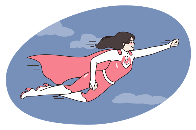Smiling young mother in superhero costume fly in sky  Illustration
