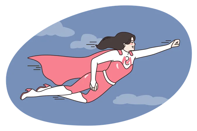 Smiling young mother in superhero costume fly in sky  Illustration