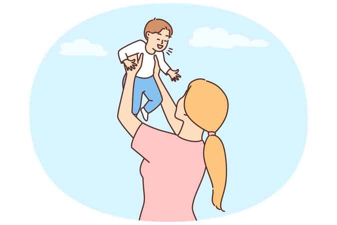 Smiling young mother playing with cute baby throwing in air  Illustration