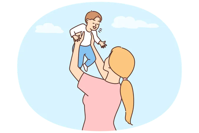 Smiling young mother playing with cute baby throwing in air  Illustration