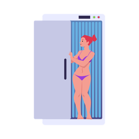 笑顔の若い女性がソラリウムキャビンのドアを閉める  イラスト