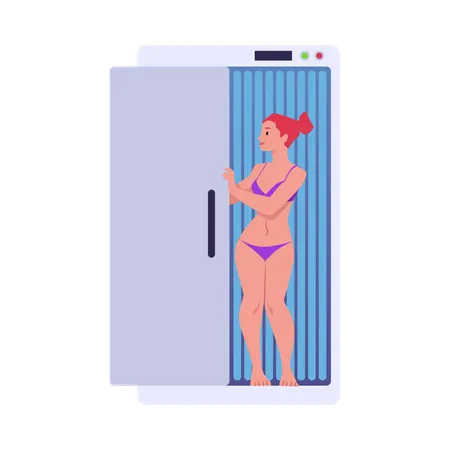 笑顔の若い女性がソラリウムキャビンのドアを閉める  イラスト