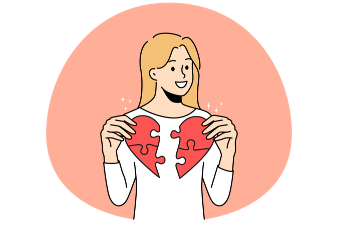 Smiling young woman connect jigsaw puzzles into heart  Illustration