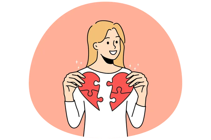 Smiling young woman connect jigsaw puzzles into heart  Illustration
