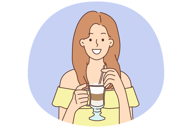 Smiling young woman drink coffee from glass cup  Illustration
