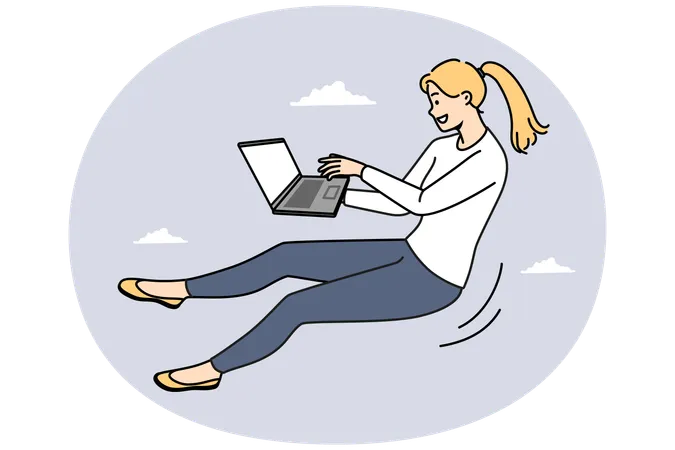 Smiling young woman flying in air working on laptop online  Illustration