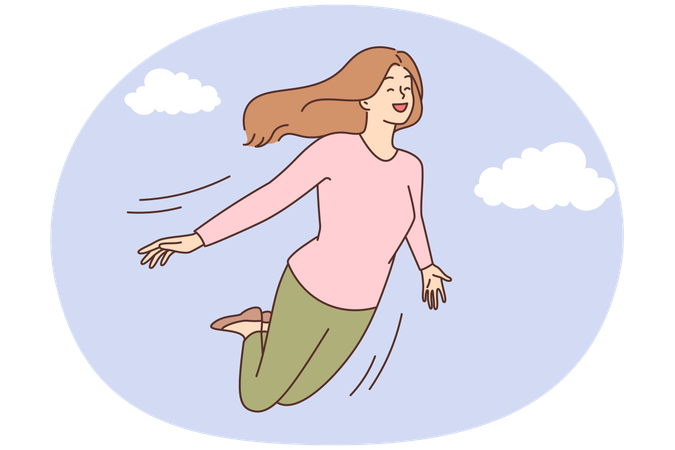 Smiling young woman flying in sky among clouds  Illustration