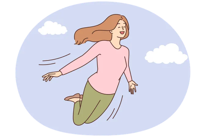 Smiling young woman flying in sky among clouds  Illustration