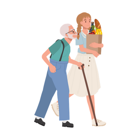 Smiling Young Woman Helps Senior Grandfather Carry Grocery Bag  イラスト