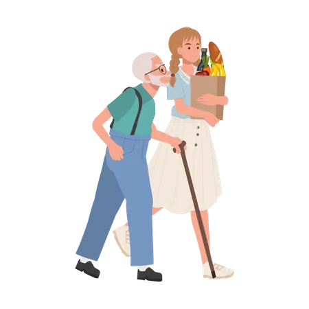 Respect For Pensioners Concpet Smiling Young Woman Helps Senior Grandfather Carry Grocery Bag Smiling Caring Girl Assist Senior Grandpa Illustration