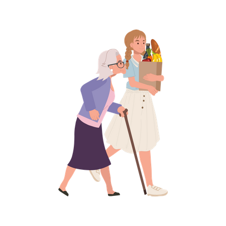 Smiling Young Woman Helps Senior Grandmother Carry Grocery Bag  イラスト