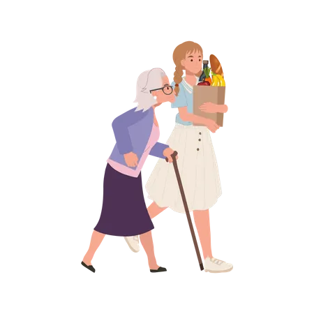 Smiling Young Woman Helps Senior Grandmother Carry Grocery Bag  イラスト
