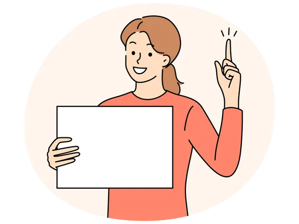 Smiling young woman holding blank poster card point up with finger.  Illustration