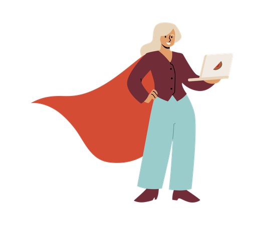 Smiling young woman in flowing red cape like superhero holding laptop  Illustration