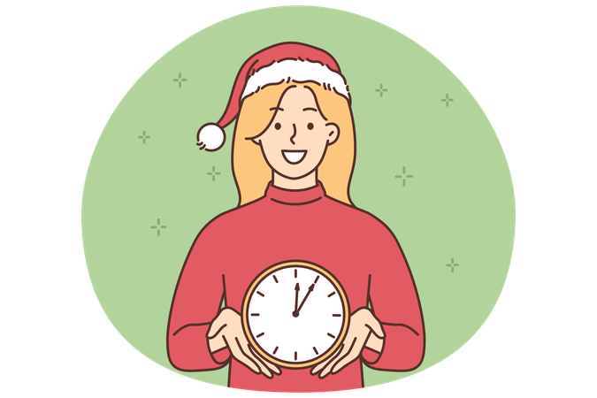 Smiling young woman in Santa hat holding clock counting minutes till New Year  Illustration