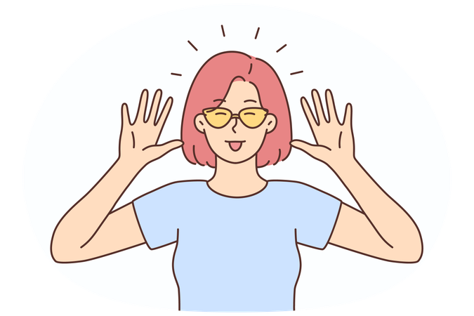サングラスをかけた笑顔の若い女性が面白い表情をしている  イラスト