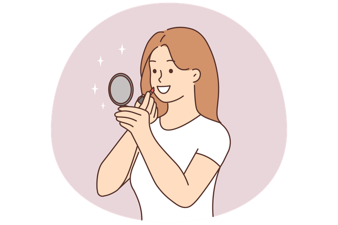 Smiling young woman look in mirror apply lipstick.  Illustration