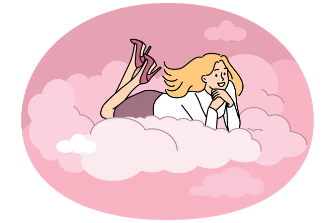 Smiling young woman lying on cloud dreaming  Illustration