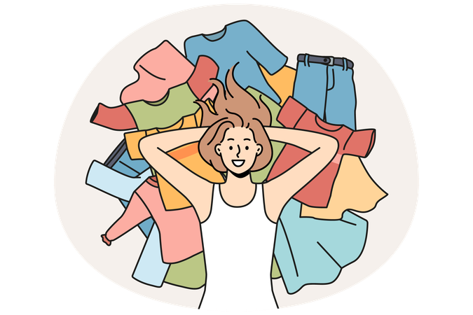 Smiling young woman lying on pile of clothes  Illustration