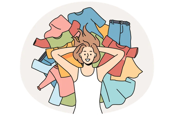Smiling young woman lying on pile of clothes  Illustration