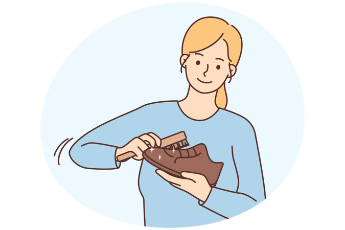 Smiling young woman polish shoes with brush  Illustration