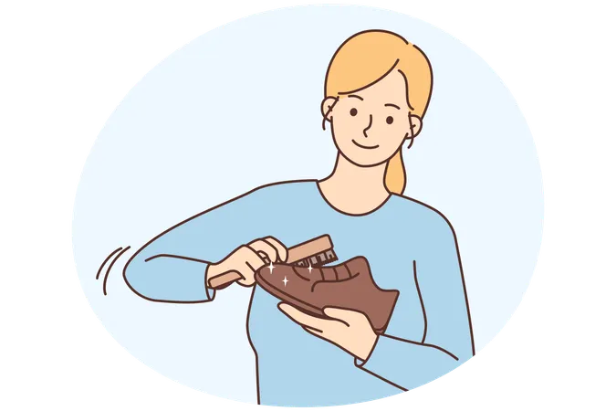 Smiling young woman polish shoes with brush  Illustration