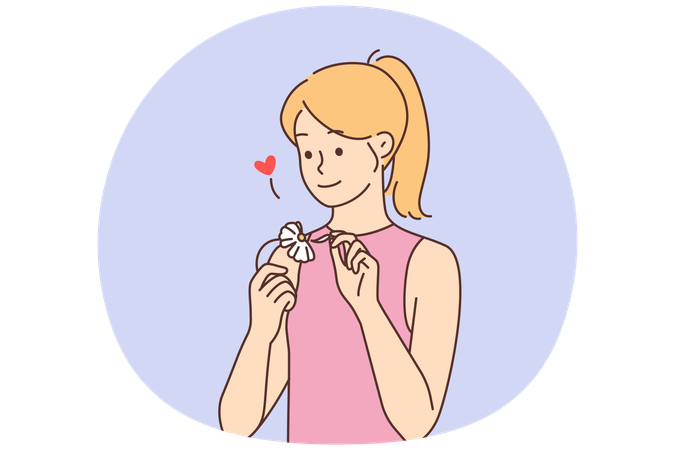 Smiling young woman read fortune on chamomile ask for love.  Illustration