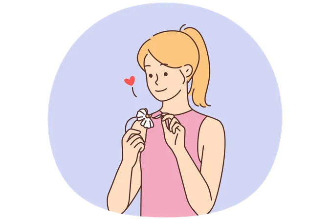 Smiling young woman read fortune on chamomile ask for love.  Illustration