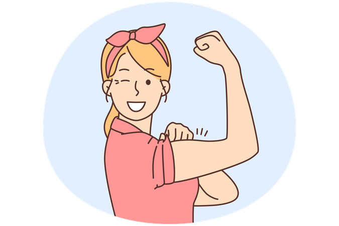Smiling young woman showing muscles feeling powerful and strong  Illustration