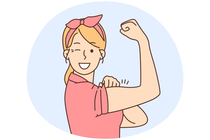 Smiling young woman showing muscles feeling powerful and strong  Illustration