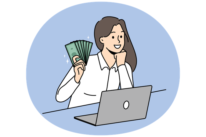 Smiling young woman sit at desk work on Laptop online ear money  Illustration