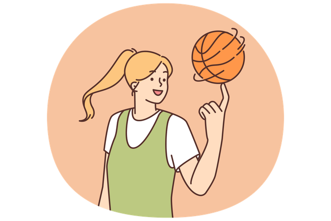 Smiling young woman spin basketball ball on finger  Illustration
