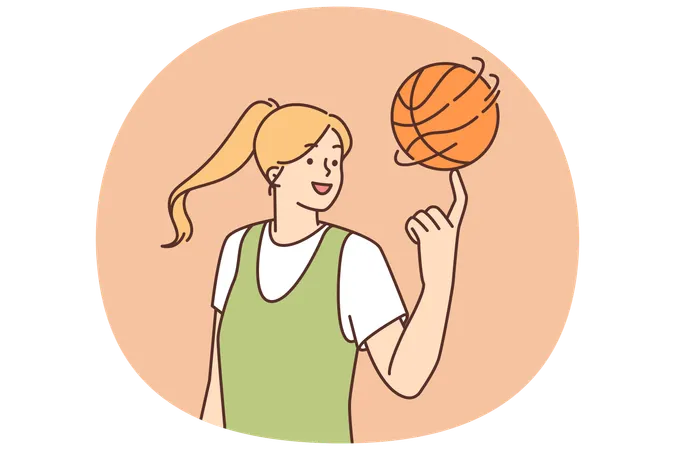 Smiling young woman spin basketball ball on finger  Illustration
