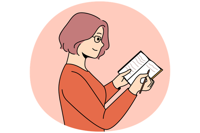 Smiling young woman take notes in notebook  Illustration