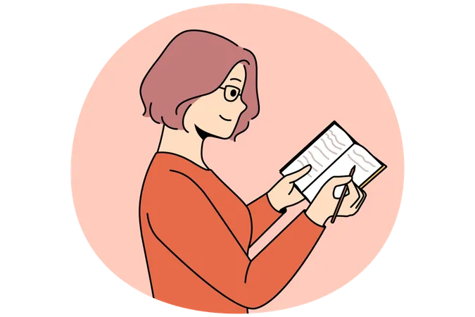Smiling young woman take notes in notebook  Illustration
