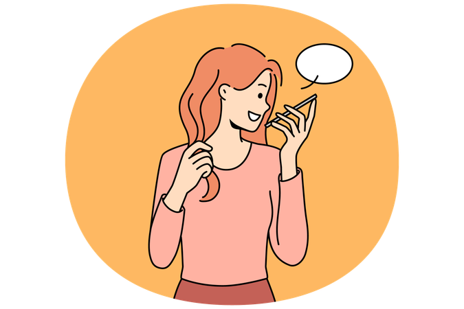 Smiling young woman talk on modern cellphone on loudspeaker  Illustration