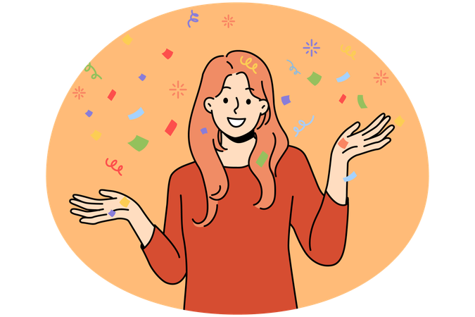 Smiling young woman with confetti have fun celebrating  Illustration