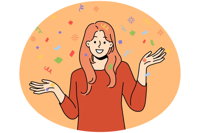 Smiling young woman with confetti have fun celebrating  Illustration