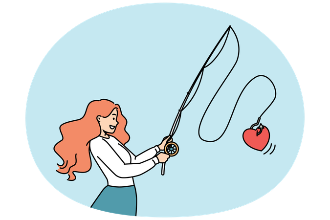 Smiling young woman with fishing rod catch heart on hook  Illustration