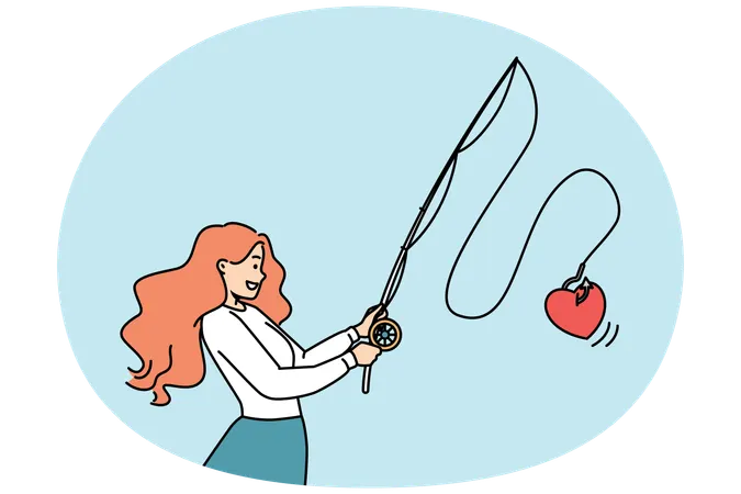 Smiling young woman with fishing rod catch heart on hook  Illustration