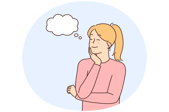 頭の上に吹き出しがあり、考え事をしたり計画を立てたりしている笑顔の若い女性  イラスト