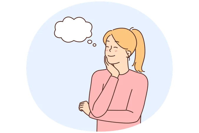 頭の上に吹き出しがあり、考え事をしたり計画を立てたりしている笑顔の若い女性  イラスト