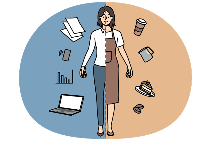 Smiling young woman with two occupation being waitress and office worker  Illustration