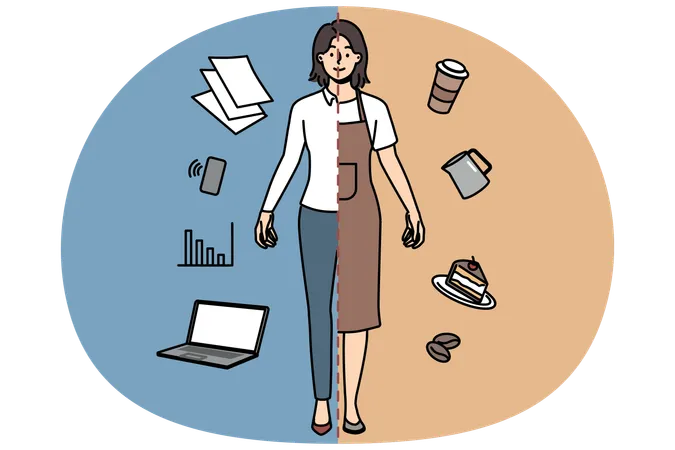 Smiling young woman with two occupation being waitress and office worker  Illustration