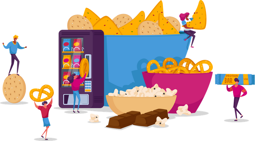 Snacks am Automaten kaufen und essen  Illustration