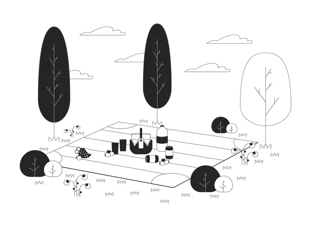 Snacks And Drinks On Picnic Blanket Black And White Cartoon Flat Illustration Outdoor Meal At Countryside 2 D Lineart Items Isolated Dinner On Park Lawn Monochrome Scene Vector Outline Image Illustration