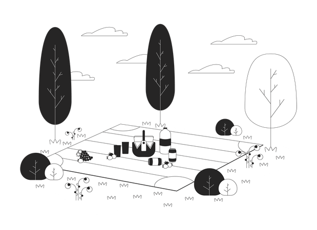 Aperitivos y bebidas en manta de picnic  Ilustración