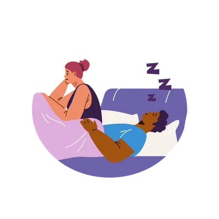 Snoring man and worried woman in bed  Illustration