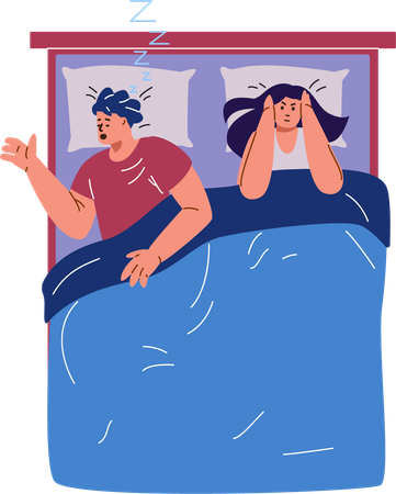 Snoring with male in bed and worried woman covering her ears  Illustration