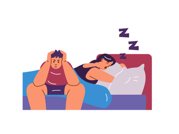 Snoring woman and irritated man in bed  Illustration